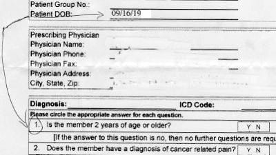Detail of a Medicare prior authorization form showing the patient's date of birth and, a few lines below, a question asking whether the patient is under two years of age